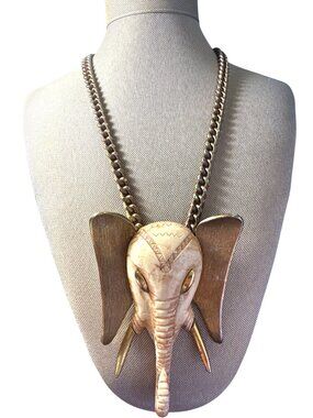 Vintage 1970s Luca Razza Attributed Elephant Necklace Resin Gold Tone Runway